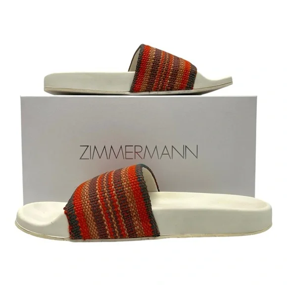 Zimmermann Beach Stripe Woven Raffia Pool Slides Red and Orange Sandals Women 39 - Picture 1 of 16
